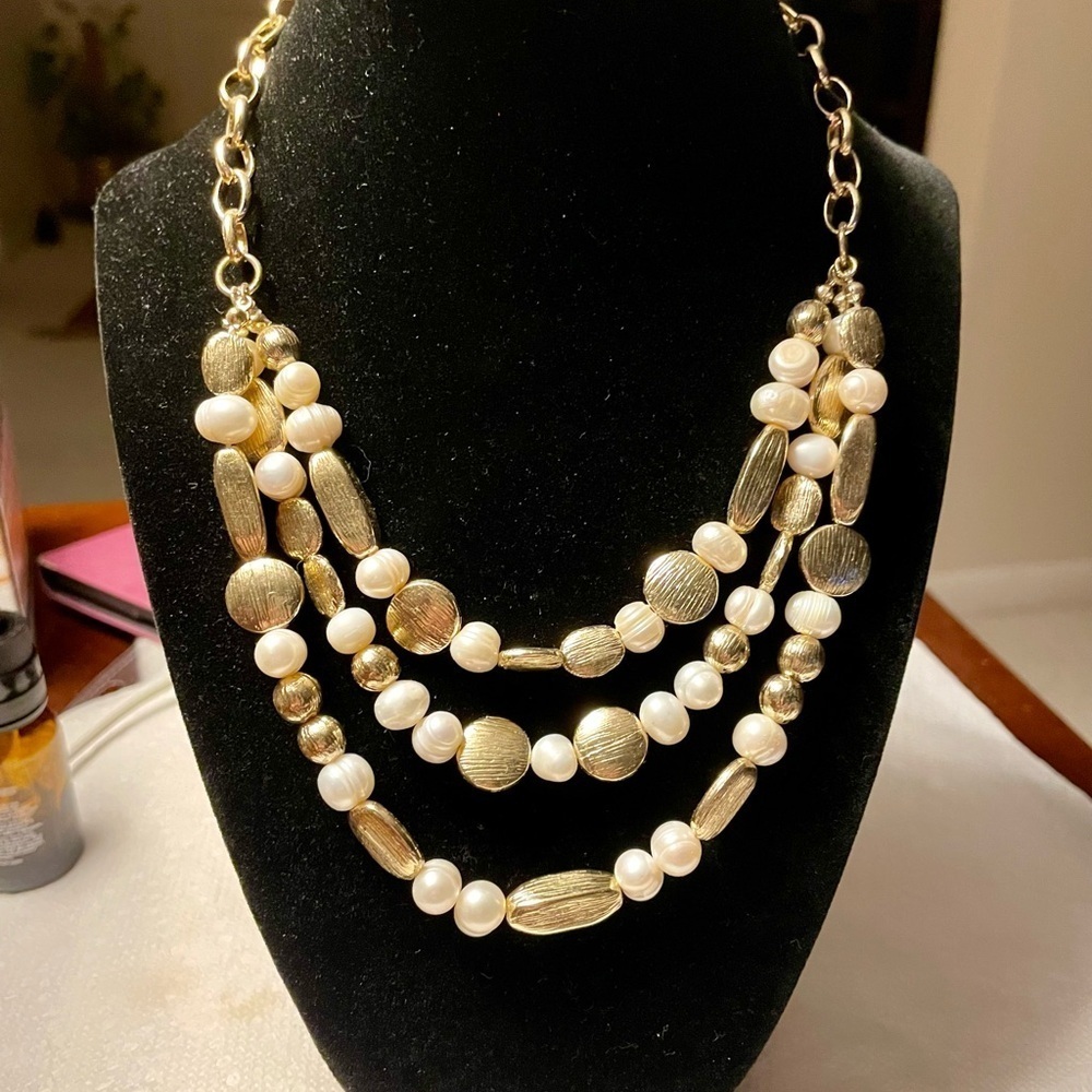 White House Black Market Pearl and Gold Triple Strand Necklace, Shiny & White